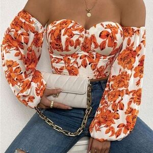 SHEIN White Off-Shoulder Floral Corset Crop Top with Orange Print
